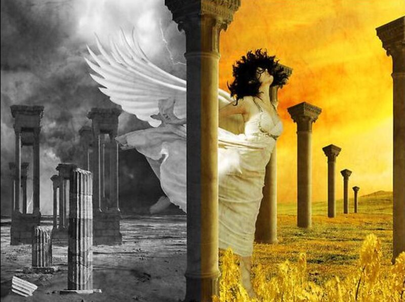 angel in ruins and golden field
