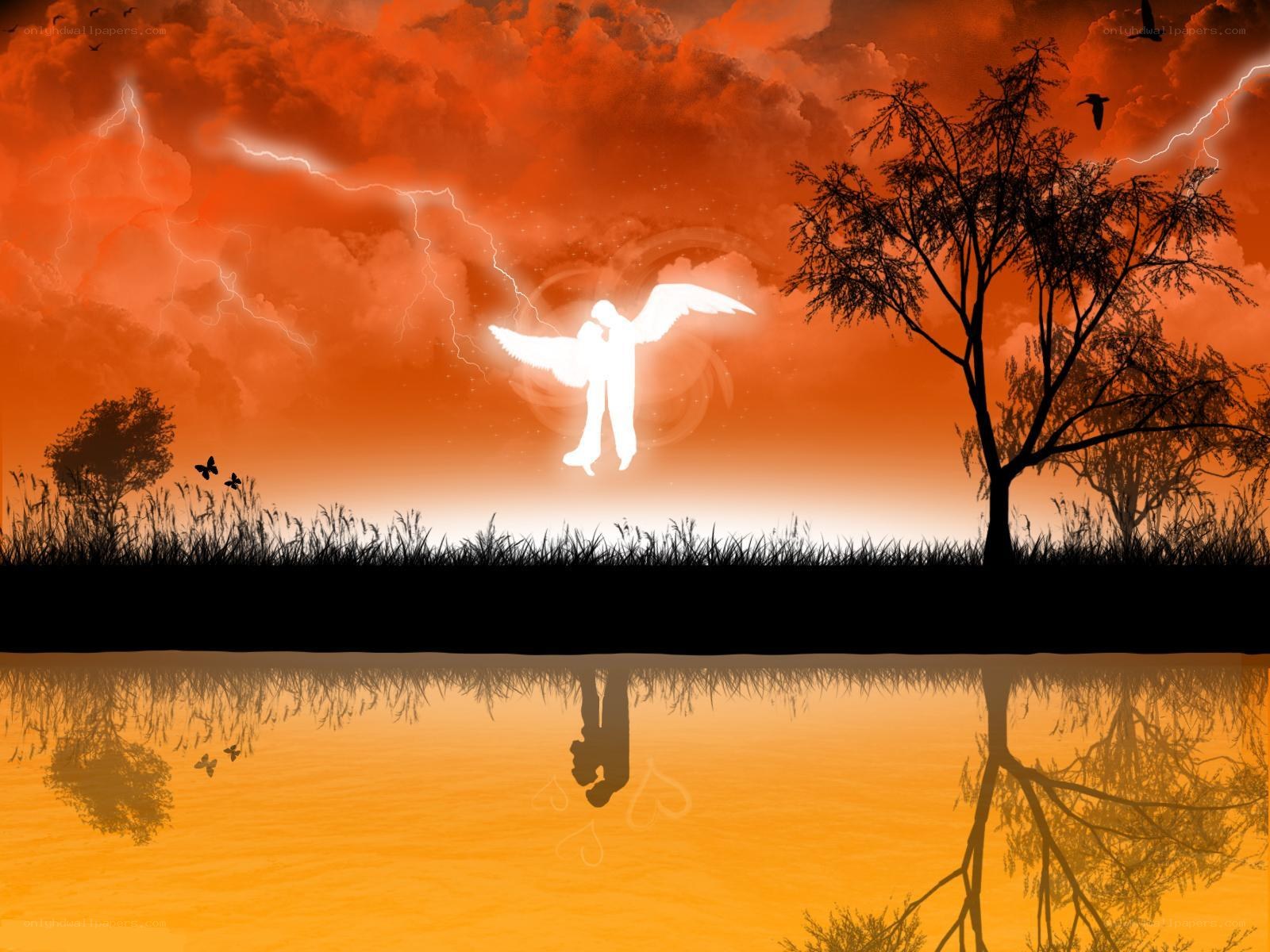 Angel in stormy sunset