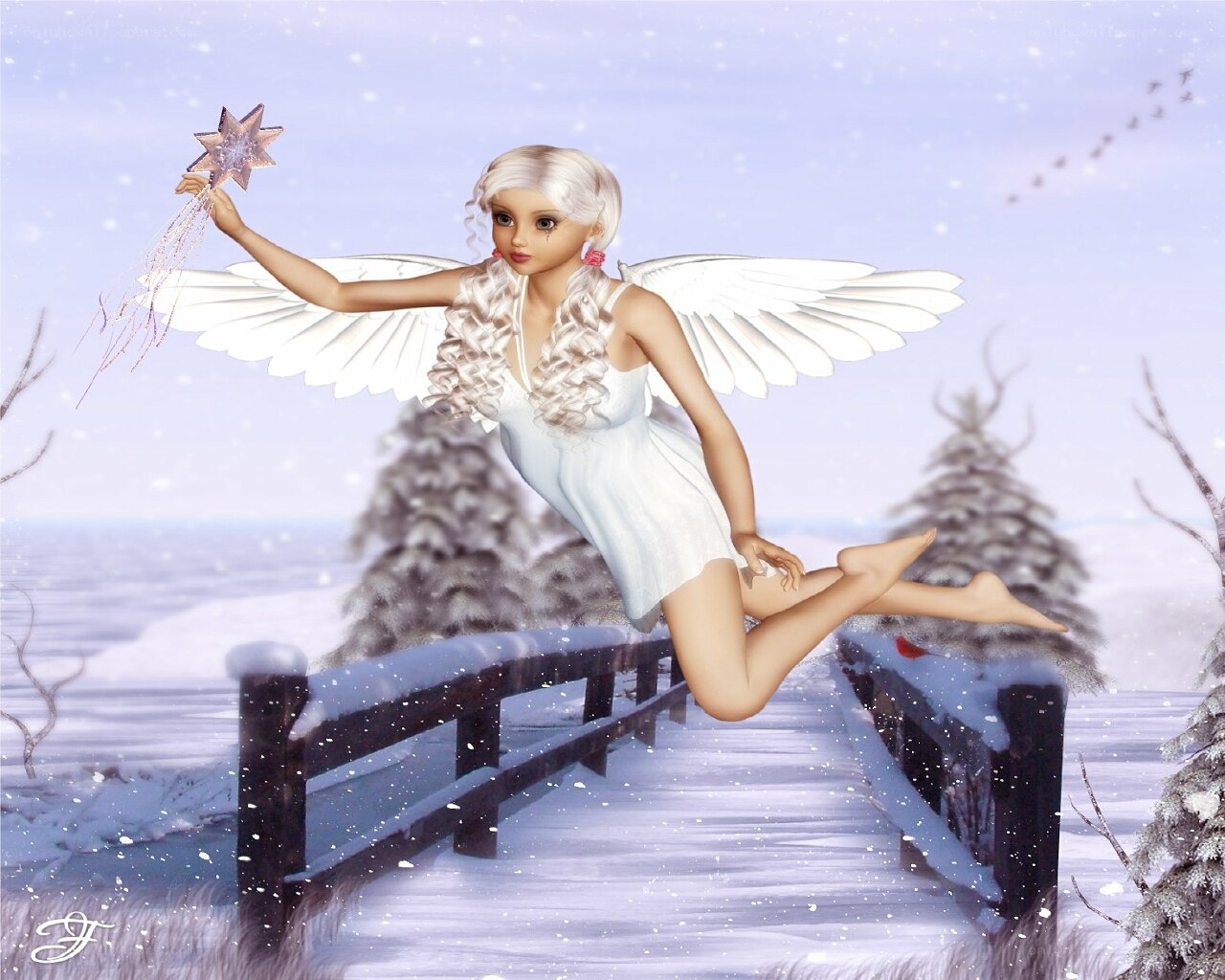 Angel in winter landscape