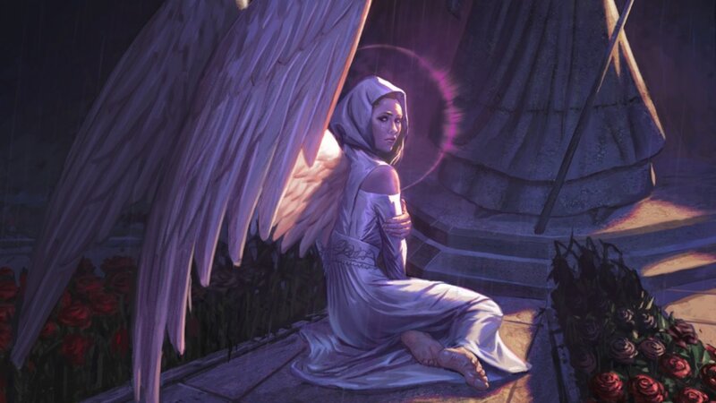 Angel Kneeling in Rain — Purple, Dramatic