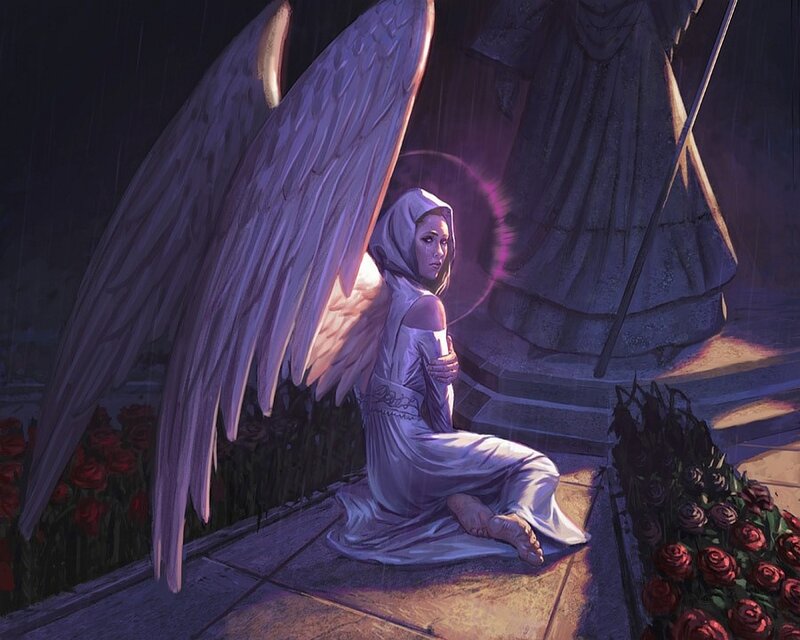 Angel Kneeling in Rain — Purple