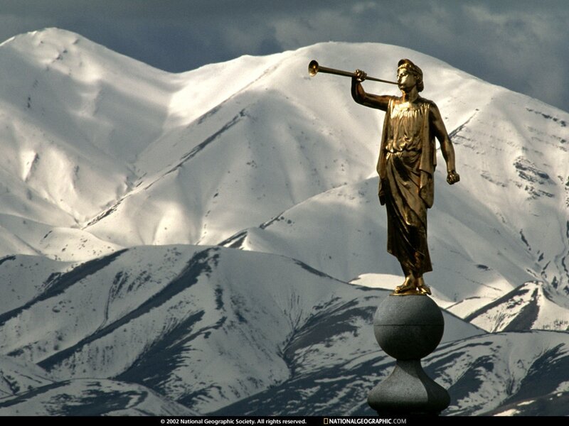 Angel Moroni statue on mountain