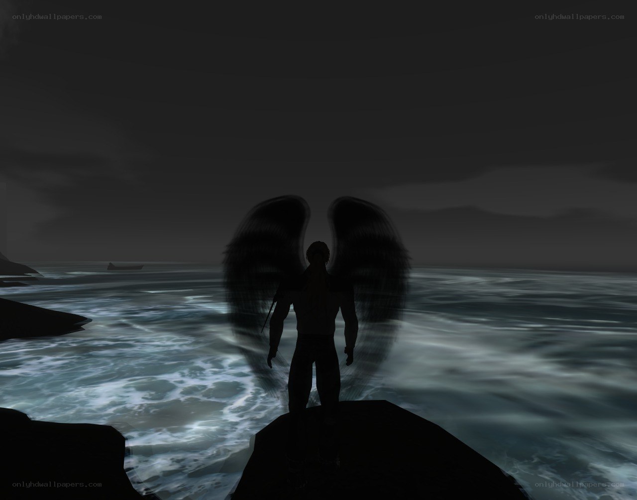 angel on a cliff at night