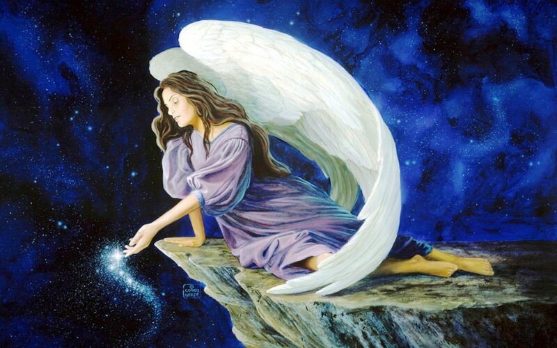Angel on a Cliff — Blue, Serene, Night