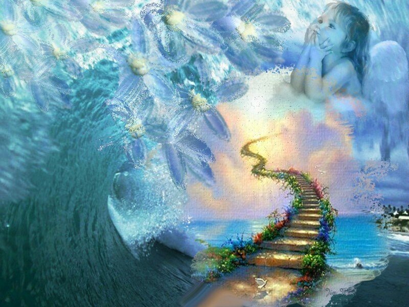 Angel on a floral staircase