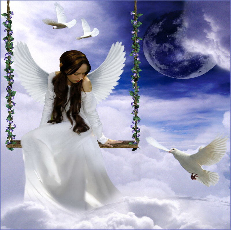 angel on a swing in the clouds
