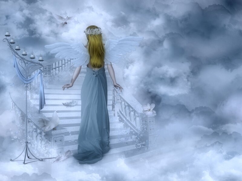 Angel on Cloud Staircase — Blue, Serene