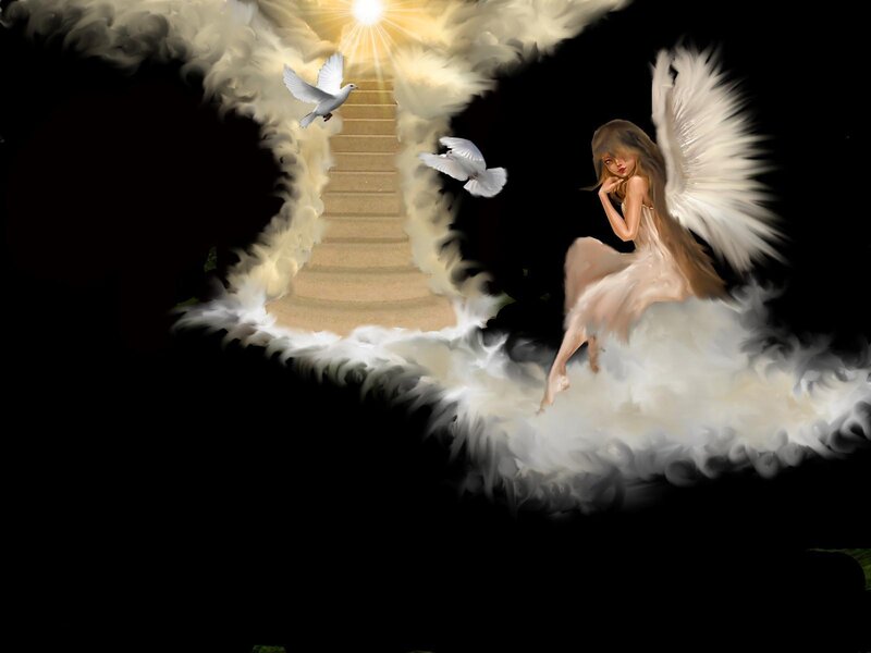 angel on cloud with stairs