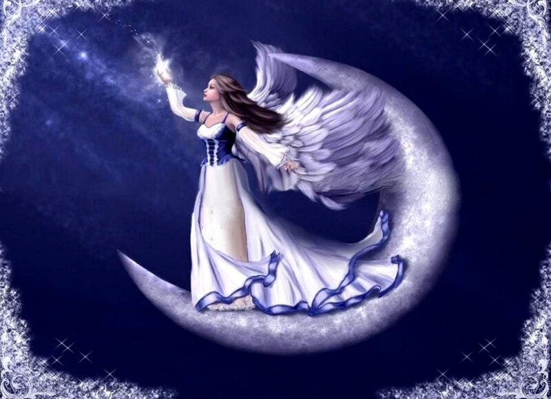Angel on Crescent Moon — Blue, Serene, Night, Digital Art
