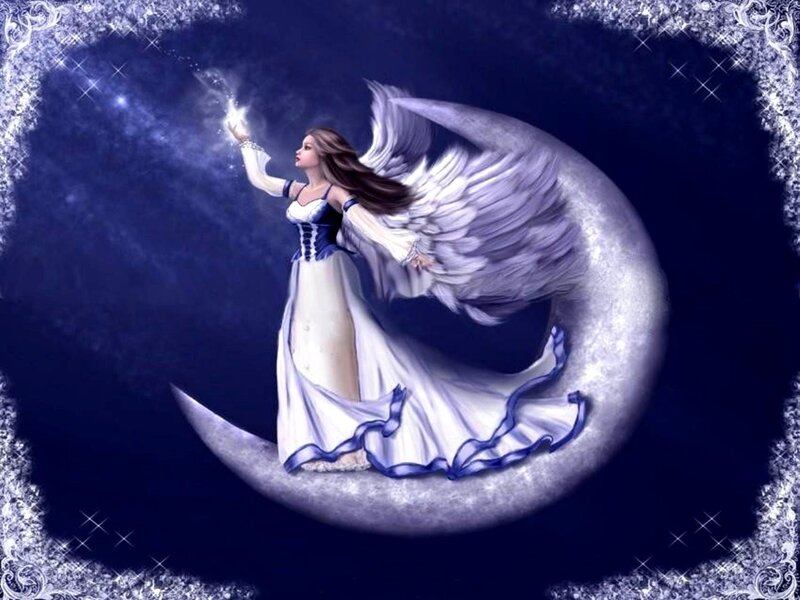 Angel on Crescent Moon — Blue, Serene, Night