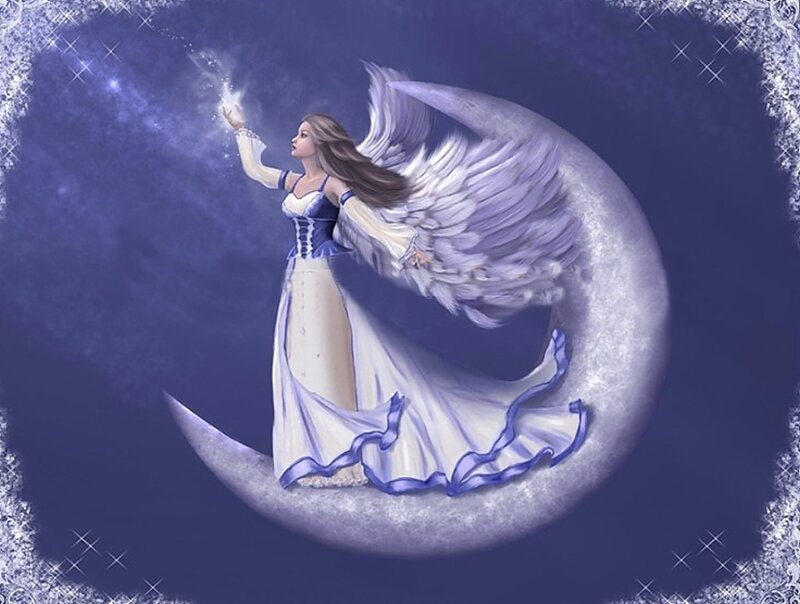 Angel on Crescent Moon — Blue