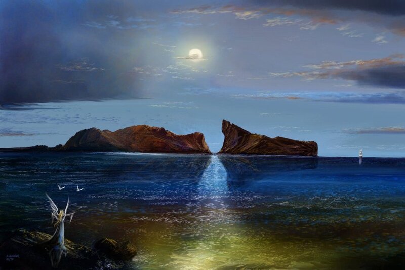 Angel on Rocky Shore — Blue, Serene, Night