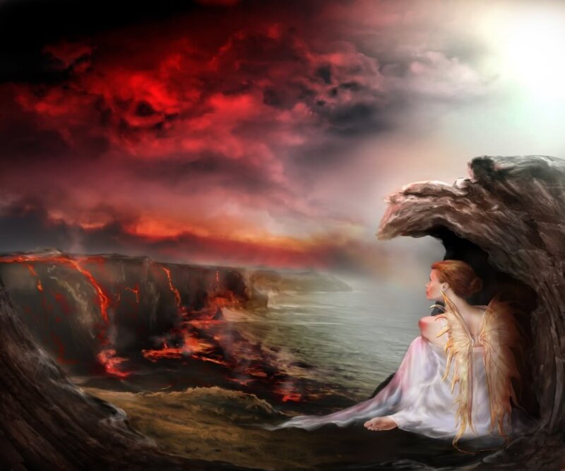 Angel on Rocky Shore — Red, Dramatic