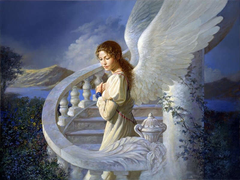 Angel on Stone Staircase — White