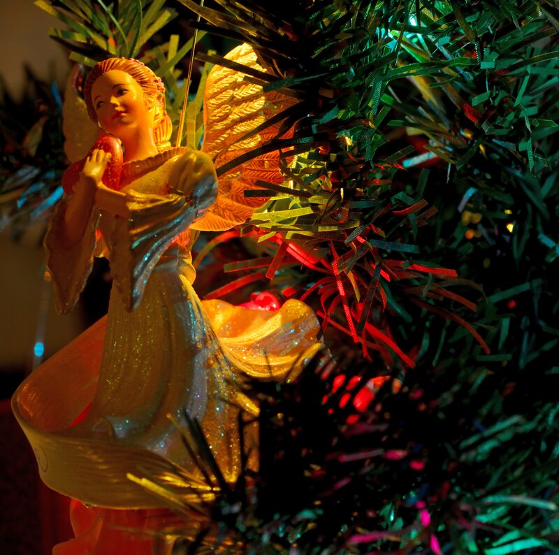 Angel Ornament on Tree — Green, Festive, Night, Photograph, Christmas Tree, Lights