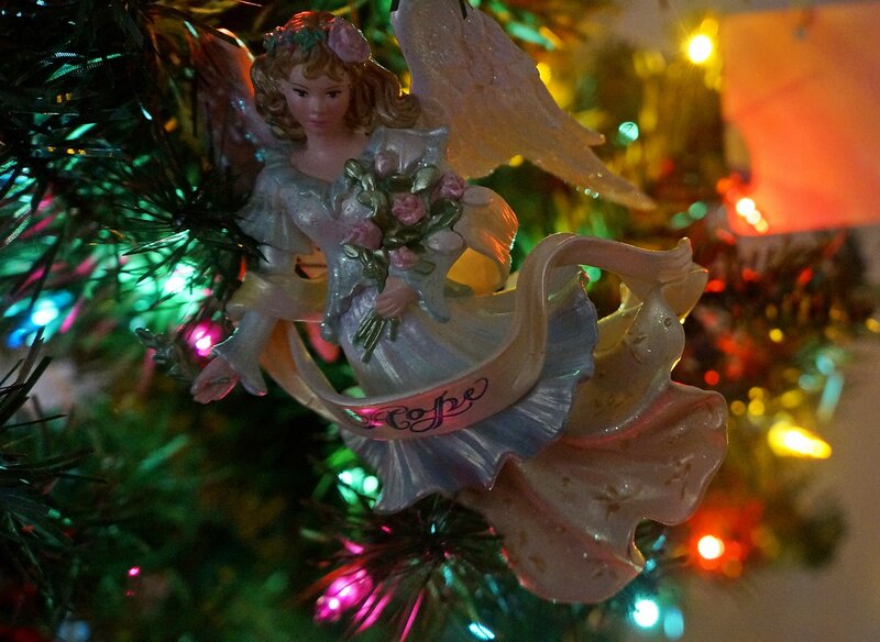 Angel Ornament on Tree — Green, Festive, Night, Photograph, Christmas Tree