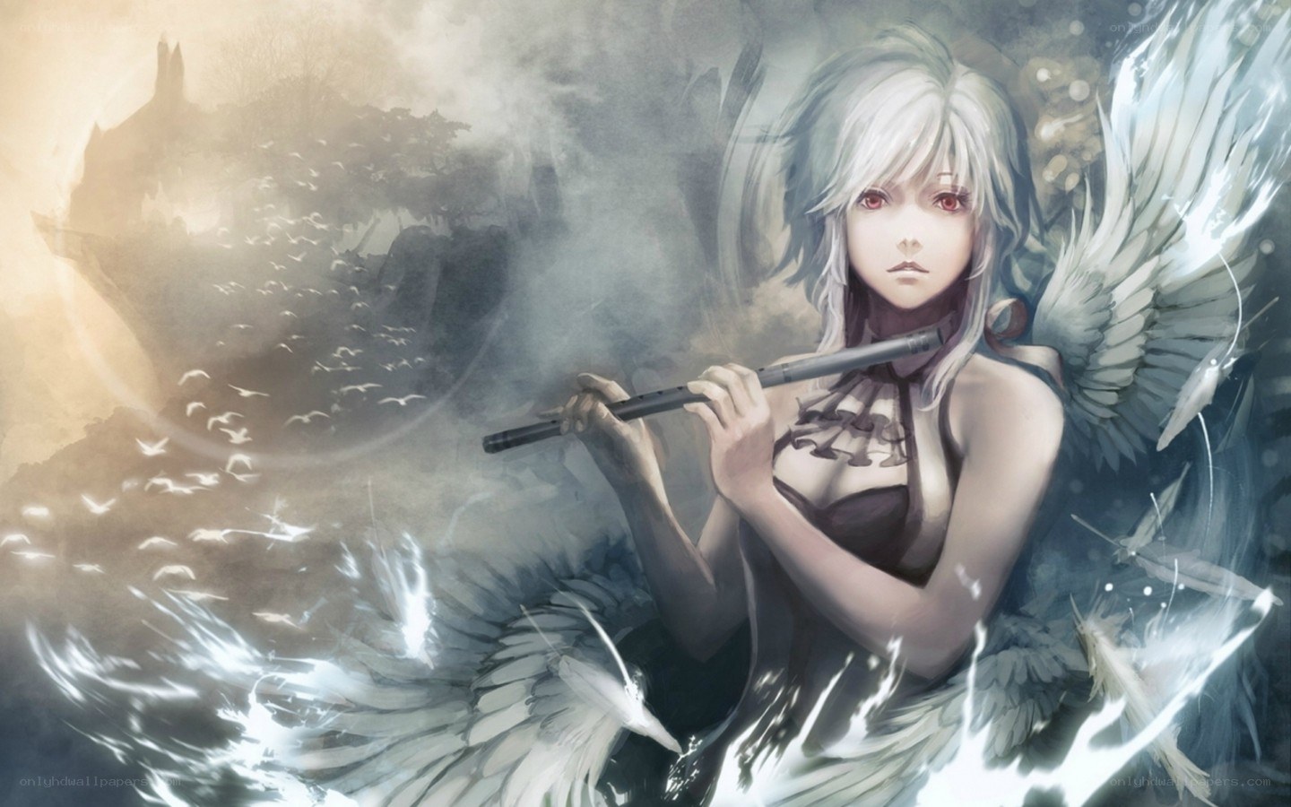 Angel playing flute in mist