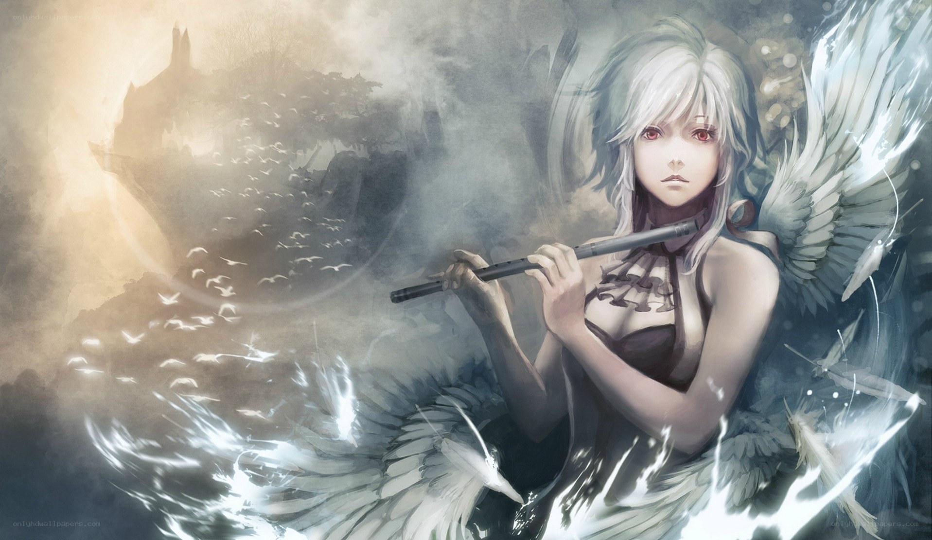Angel playing flute in mist