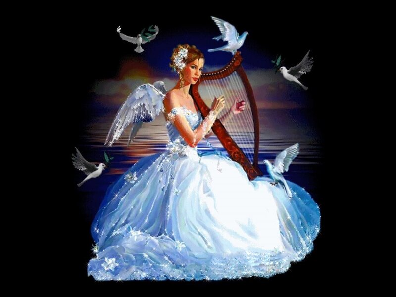 Angel Playing Harp — Blue, Serene