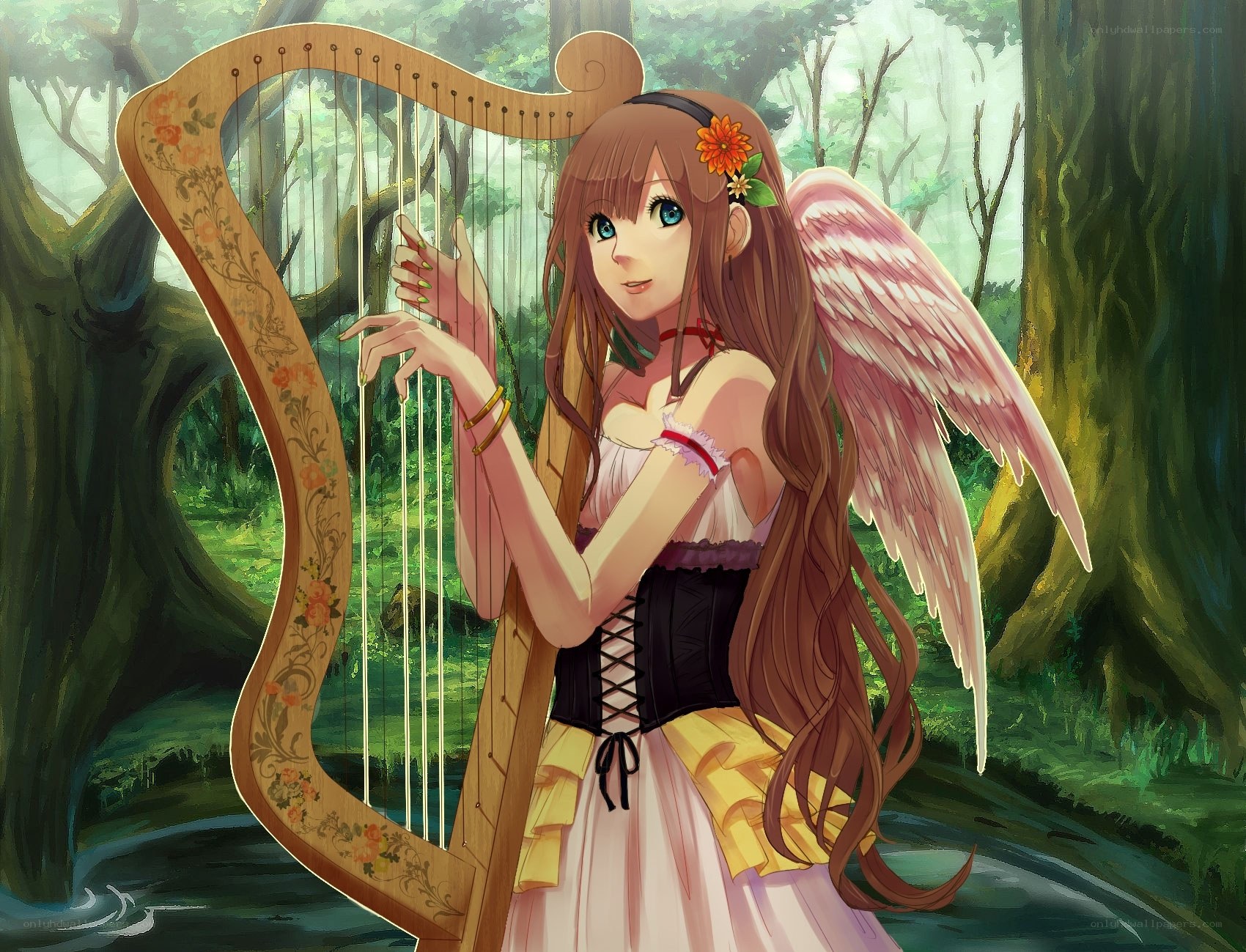 angel playing harp in forest