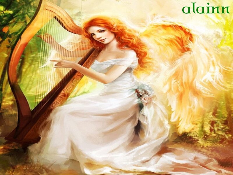Angel Playing Harp — White, Serene, Afternoon, Digital Art