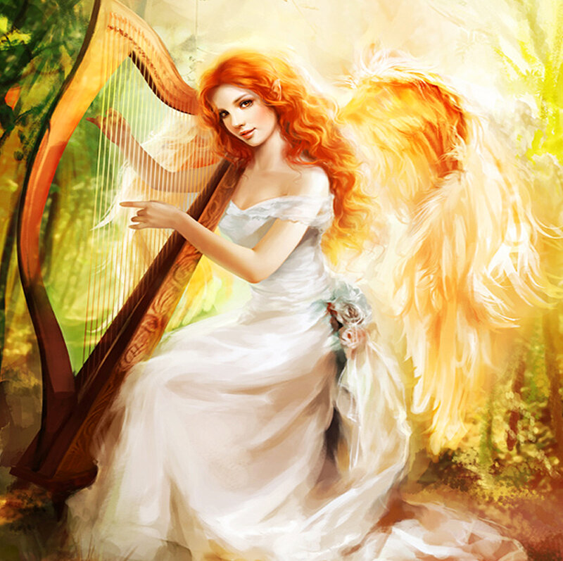 Angel Playing Harp — White, Serene, Afternoon