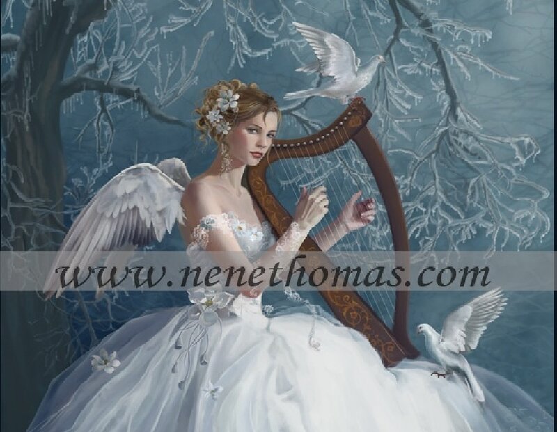 Angel Playing Harp — White, Serene