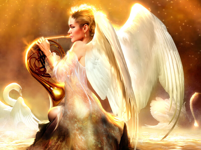 Angel playing horn with swans