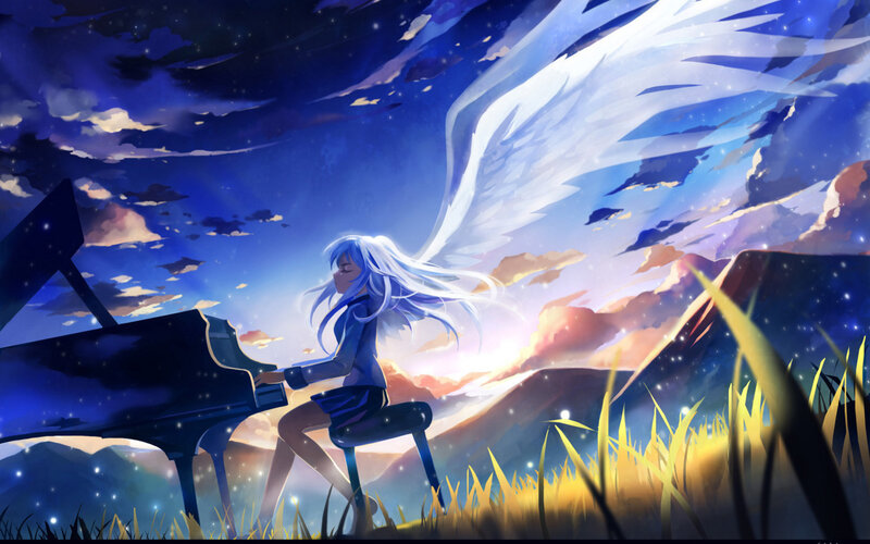 Angel playing piano at dusk