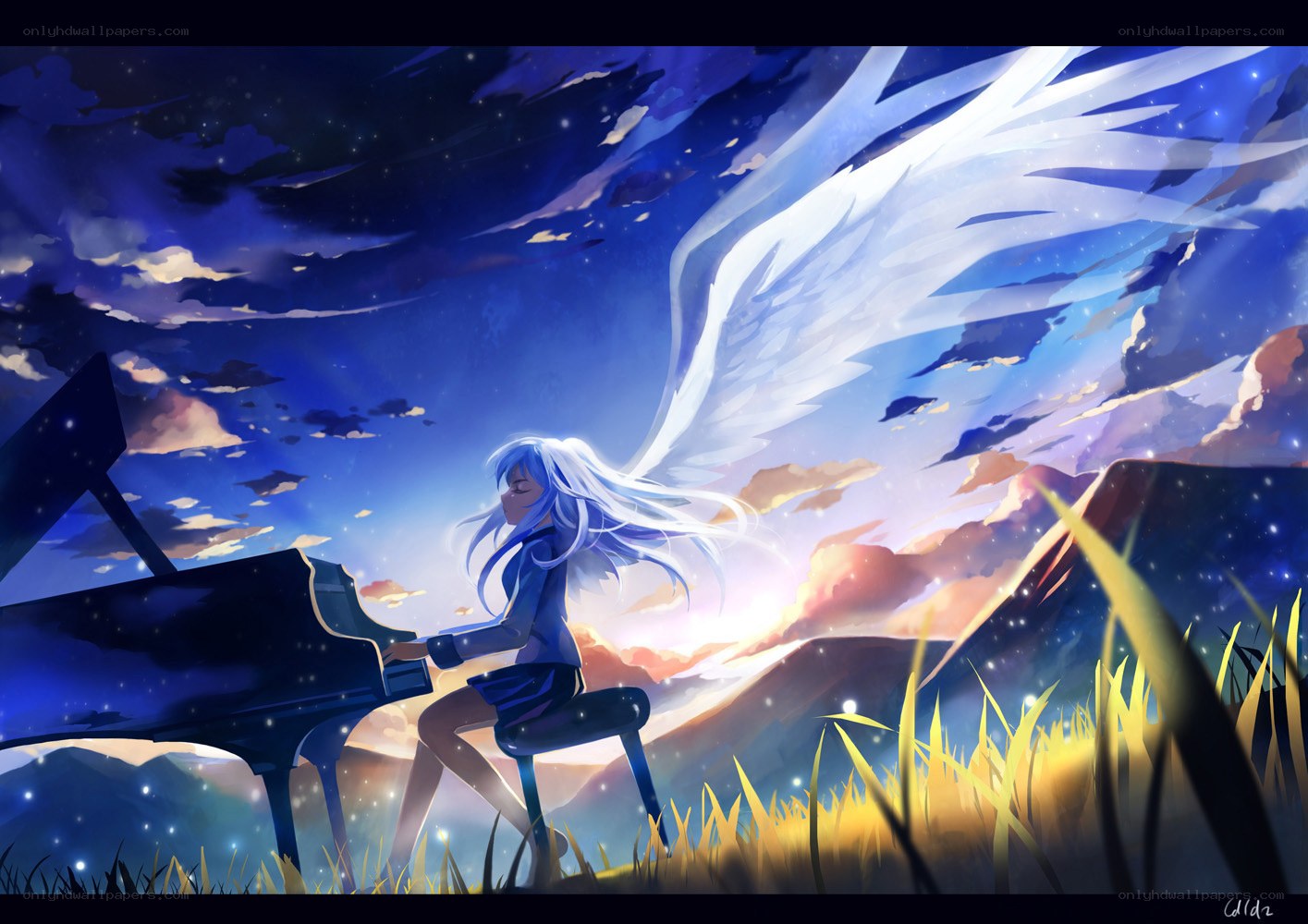 Angel playing piano at sunset