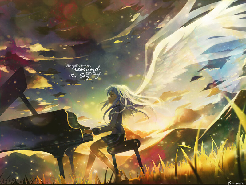 Angel playing piano at sunset