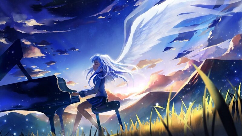 Angel playing piano at sunset