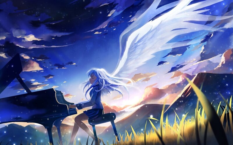 Angel playing piano at sunset
