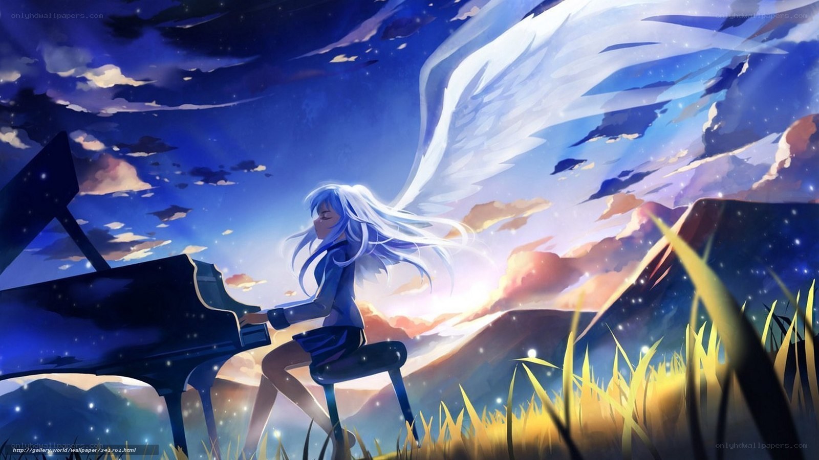 Angel playing piano at sunset
