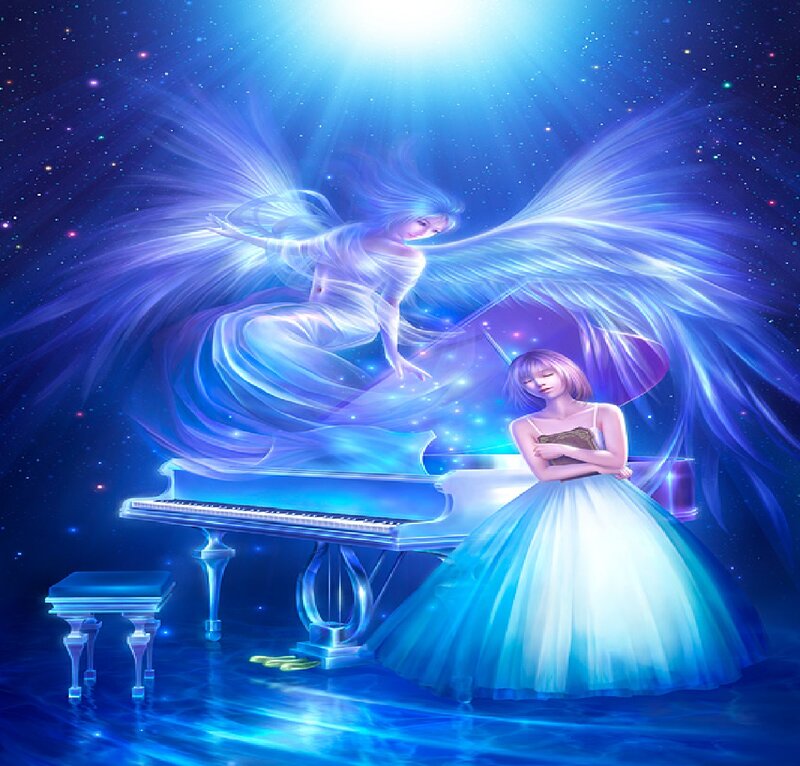 Angel Playing Piano — Blue, Serene, Night, Digital Art