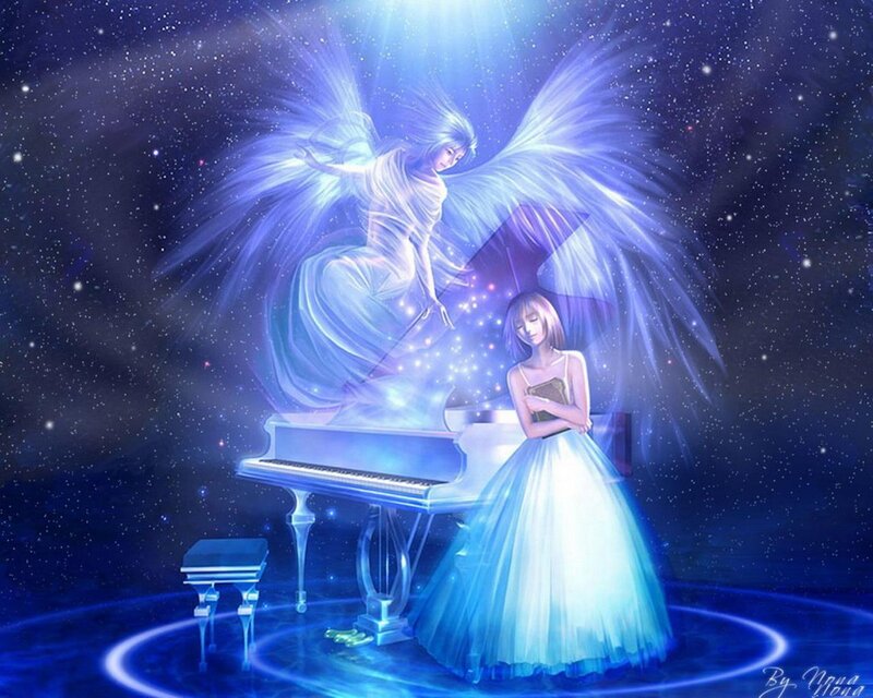 Angel Playing Piano — Blue, Serene, Night