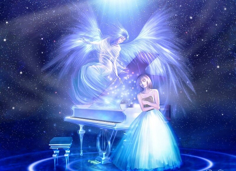 Angel Playing Piano — Blue, Serene