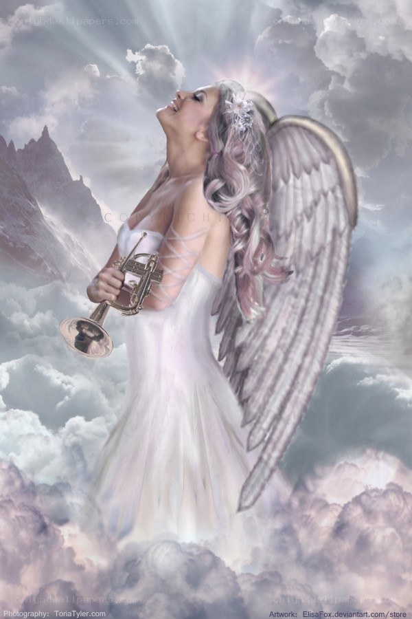 angel playing trumpet in clouds