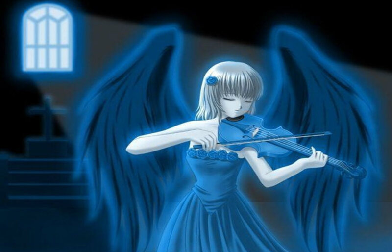 Angel Playing Violin — Blue, Serene, Night, Digital Art, Wings