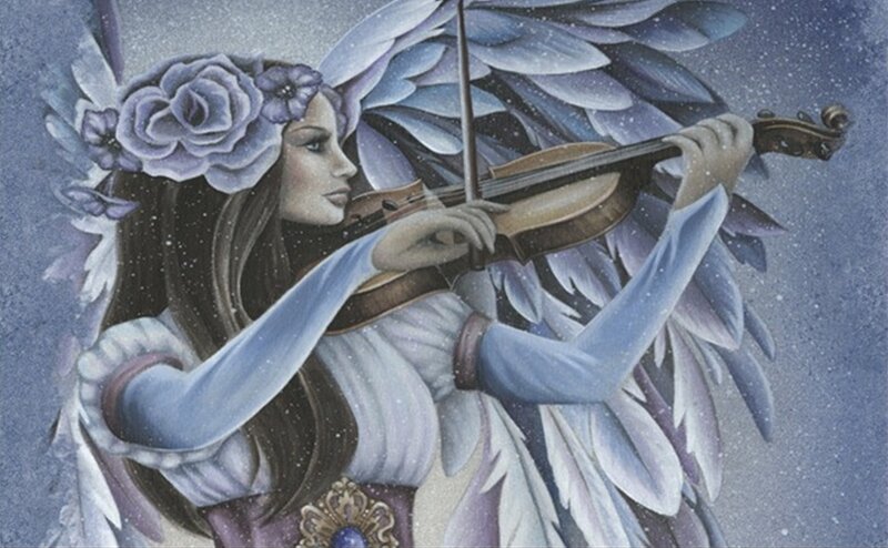 Angel Playing Violin — Blue, Serene, Night, Illustration
