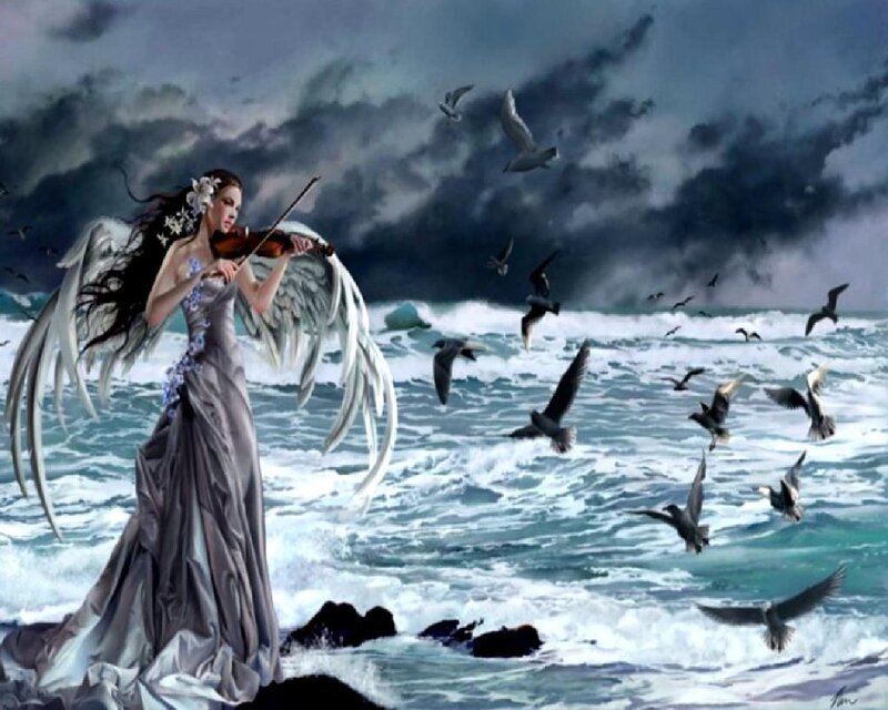 Angel Playing Violin — Gray, Dramatic