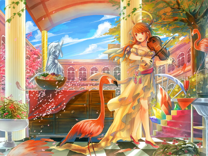 Angel playing violin in garden