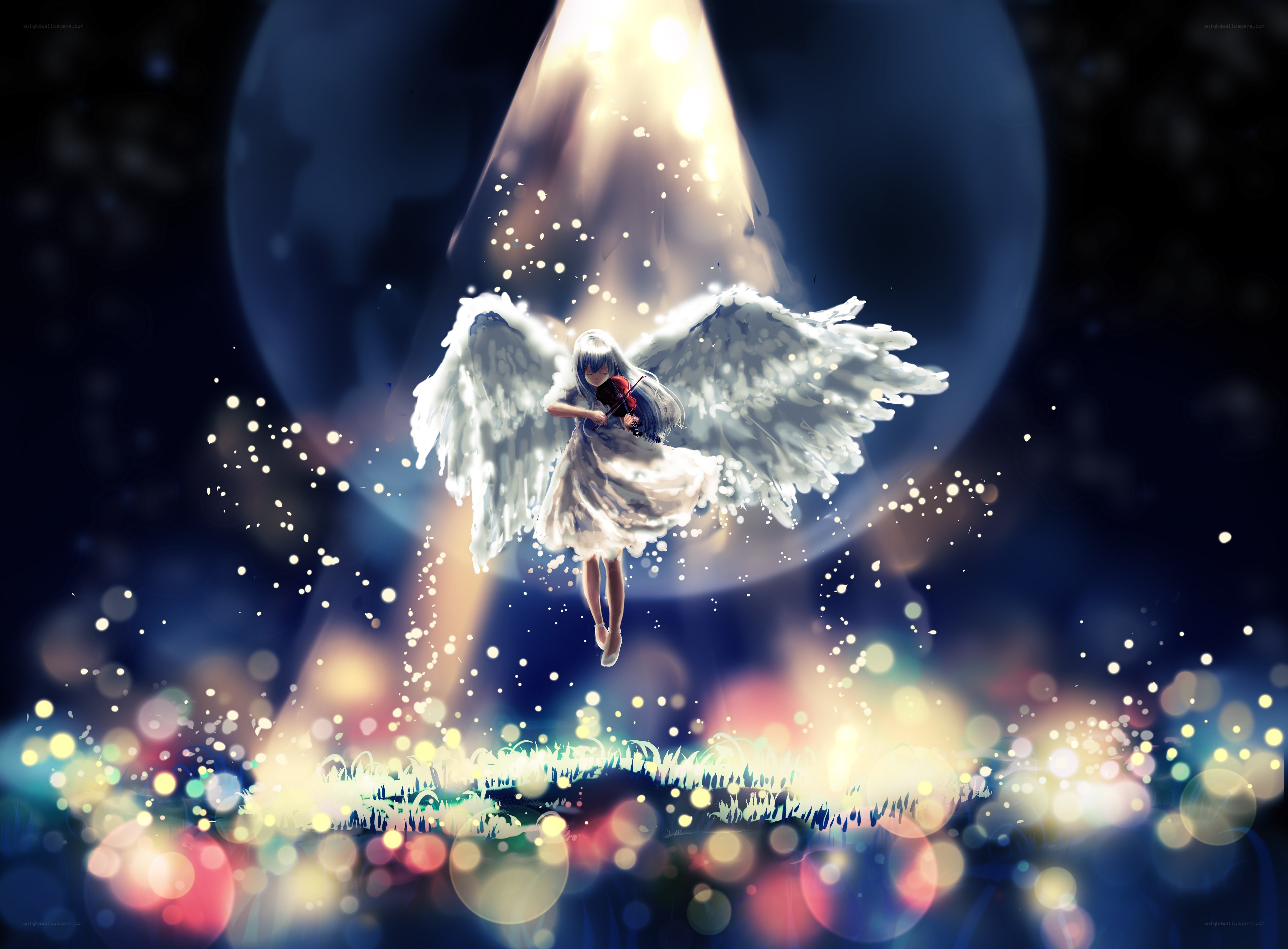angel playing violin in light
