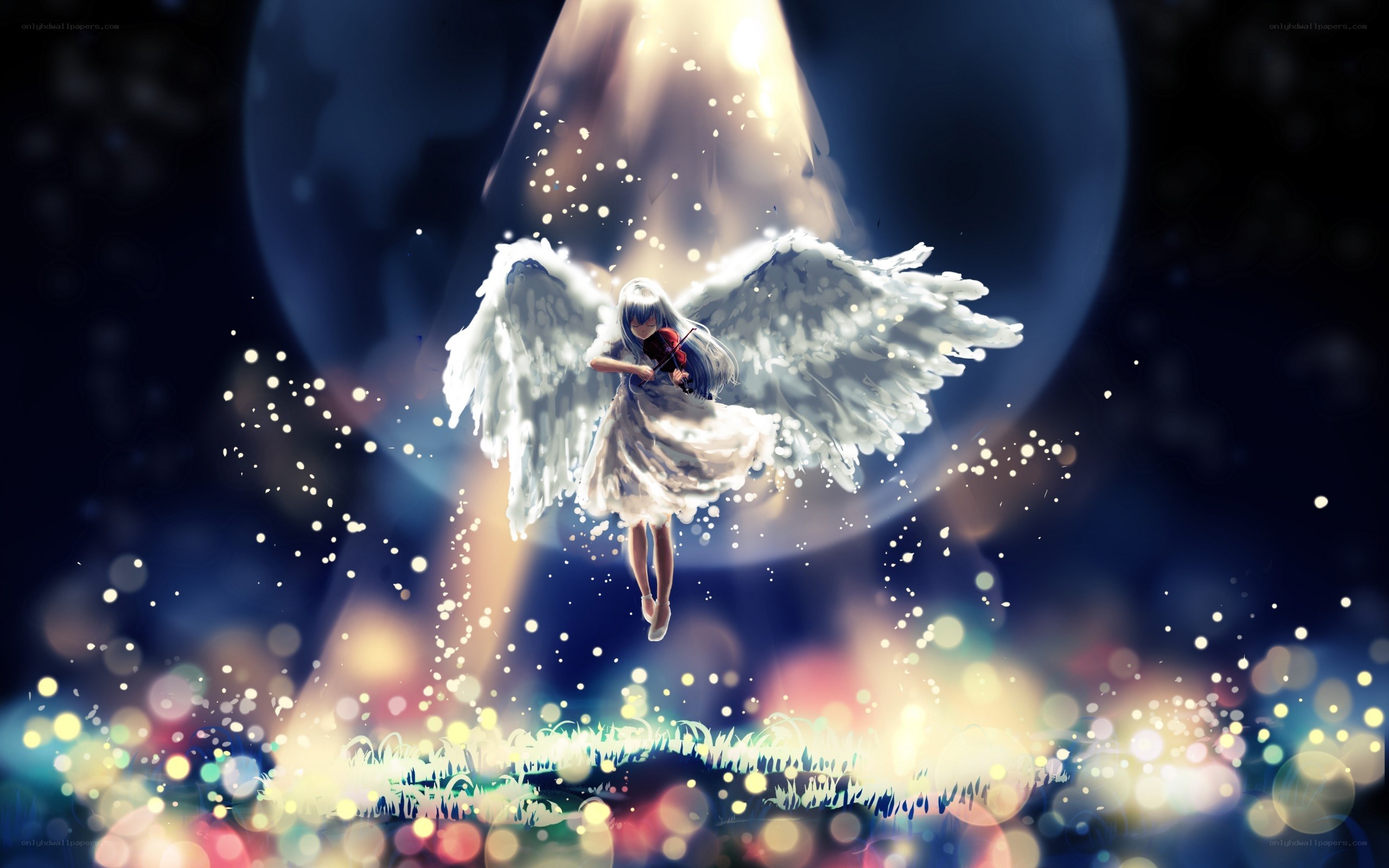 angel playing violin in light