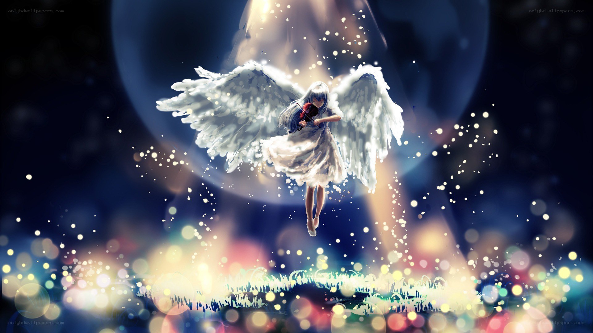 Angel playing violin in starlight