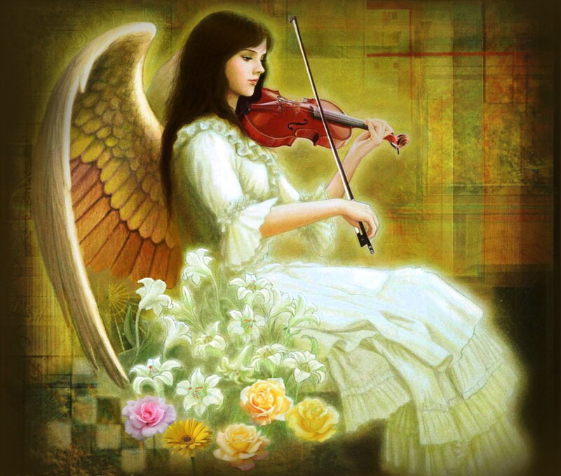 Angel Playing Violin — White, Serene, Digital Art