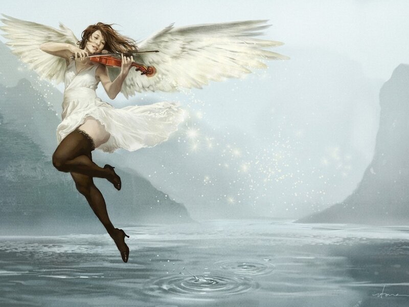 Angel Playing Violin — White, Serene, Digital Art, Wings