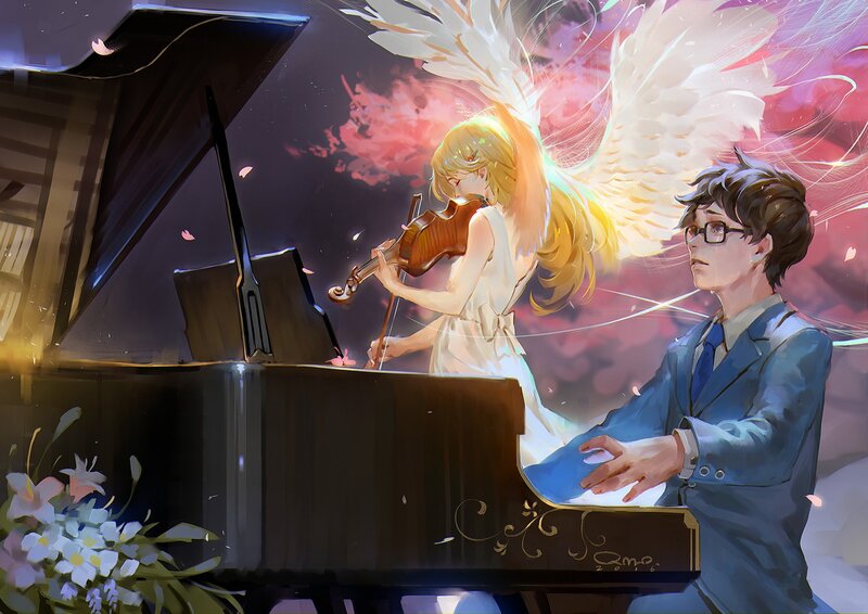 Angel Playing Violin — White, Serene, Night, Digital Art