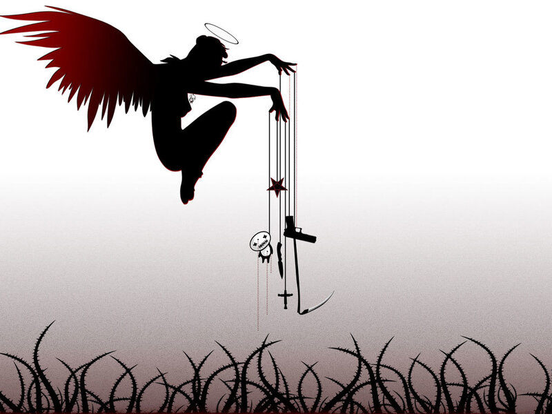 Angel puppeteer with dark symbols