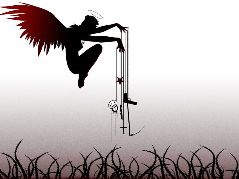 Angel puppeteer with dark symbols
